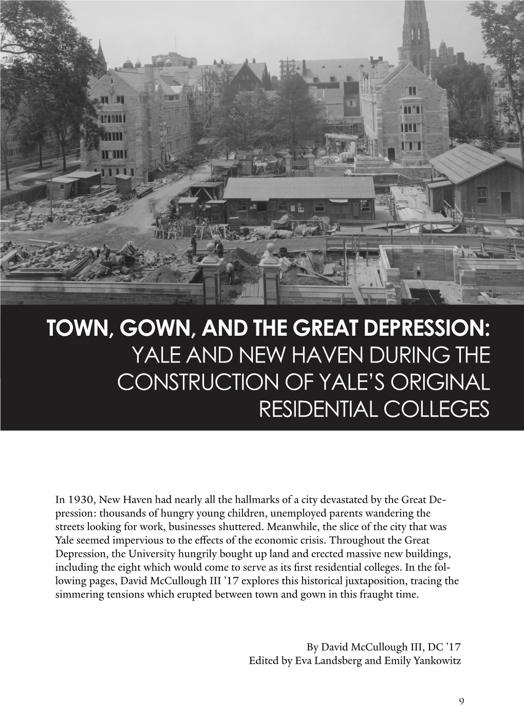 Town, Gown, and the Great Depression: Yale and New Haven During the Construction of Yale’S Original Residential Colleges