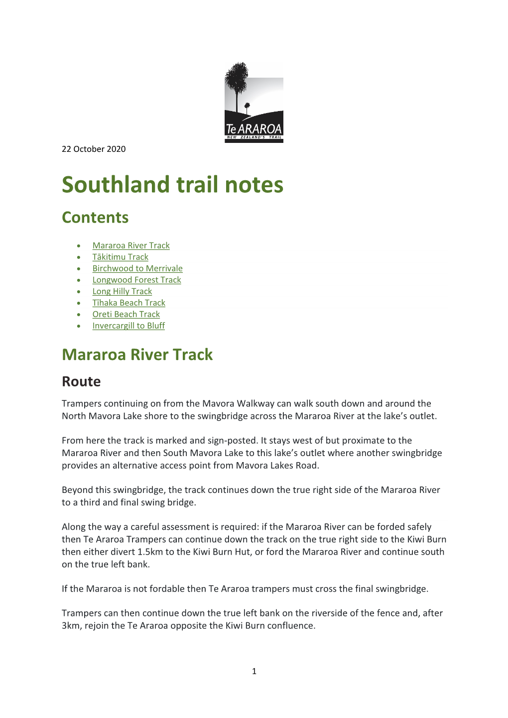 Southland Trail Notes Contents