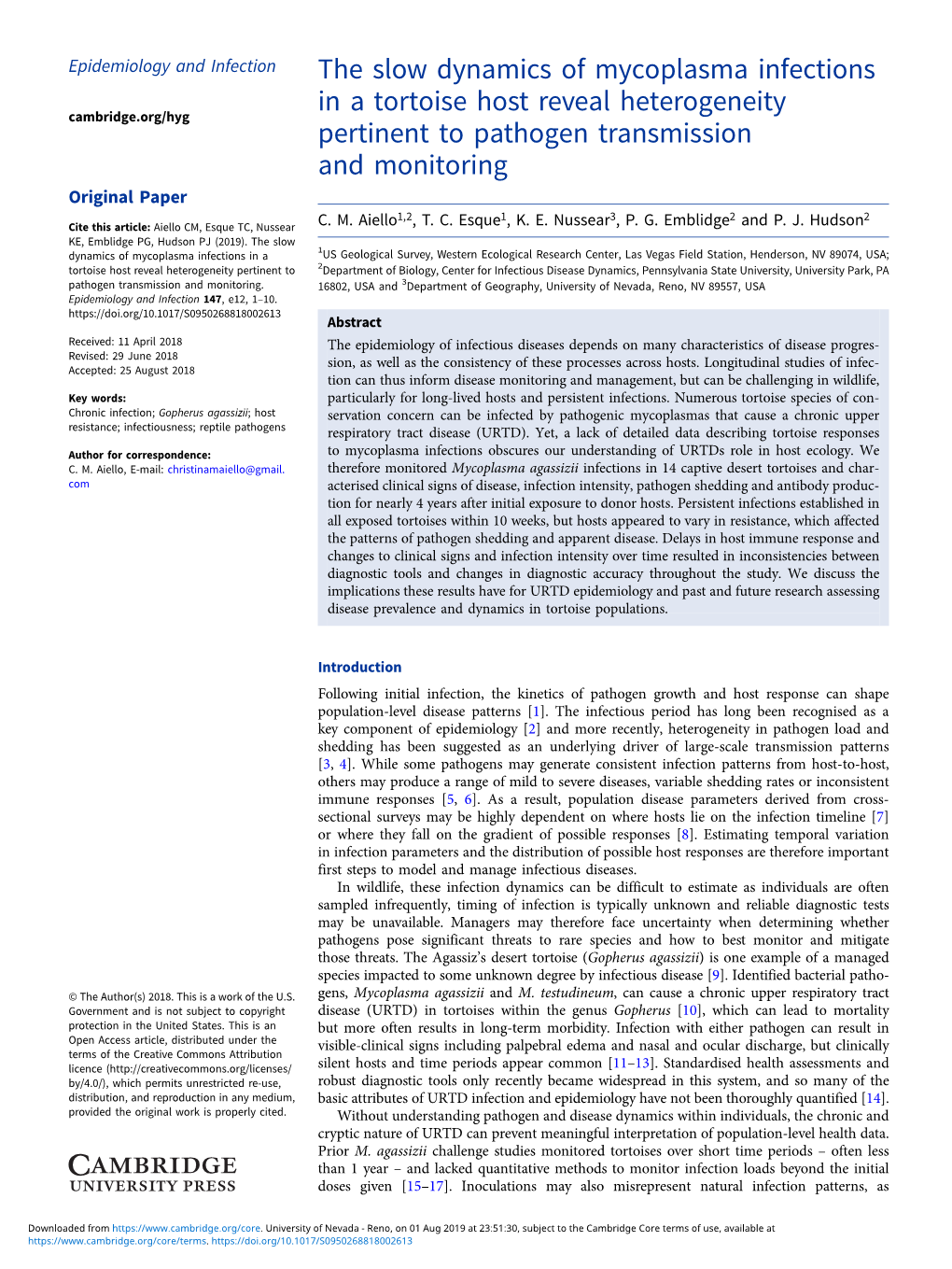 The Slow Dynamics of Mycoplasma Infections in a Tortoise Host Reveal