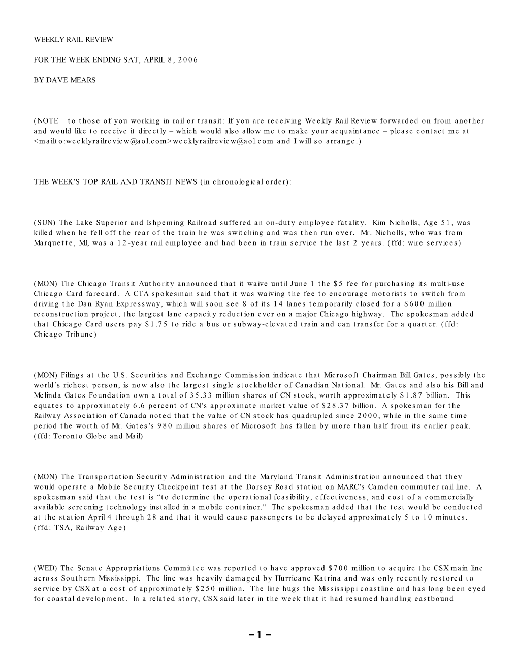 WEEKLY RAIL REVIEW for the WEEK ENDING SAT, APRIL 8, 2006 by DAVE MEARS (NOTE – to Those of You Working in Rail Or Transit: If