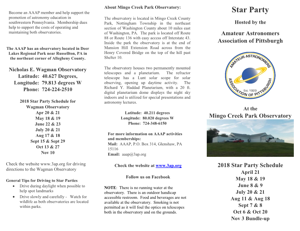 Mingo Creek Park Observatory 2018 Star Party Schedule