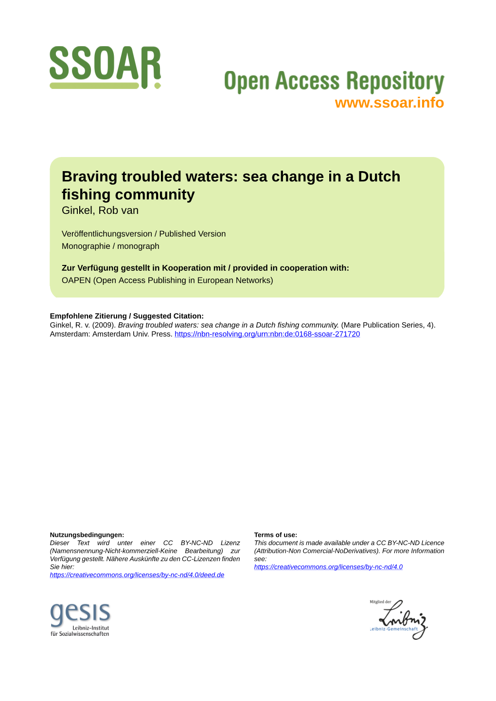 Braving Troubled Waters: Sea Change in a Dutch Fishing Community Ginkel, Rob Van