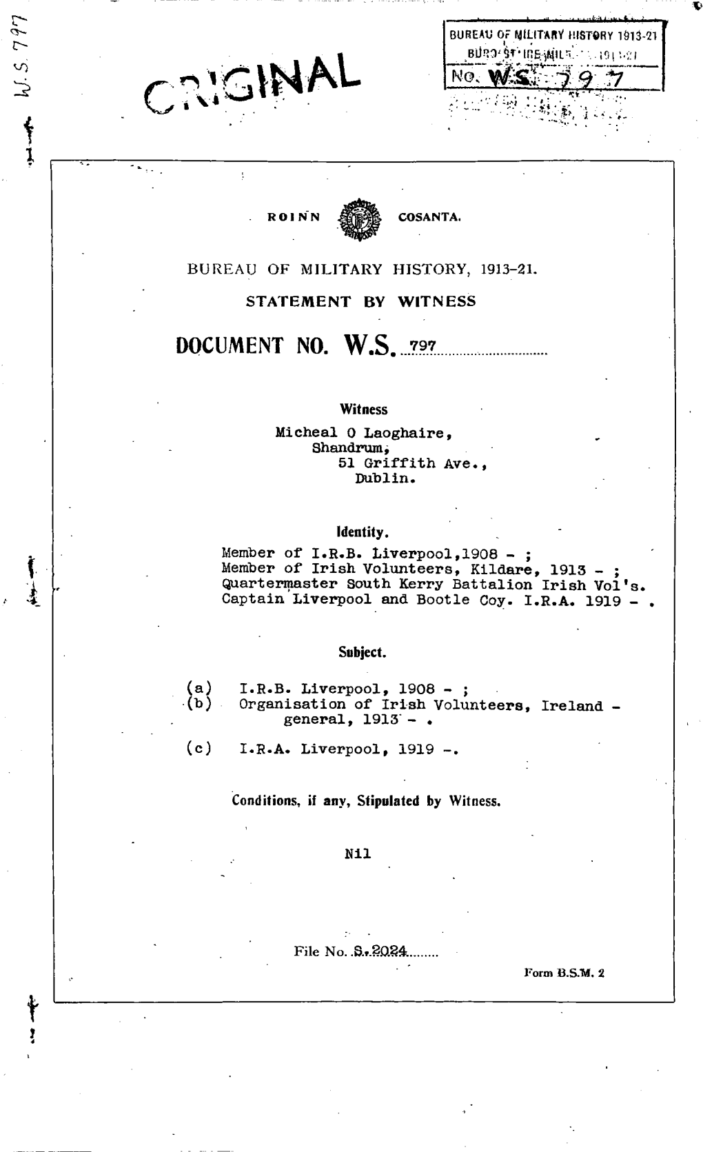 ROINN COSANTA. BUREAU of MILITARY HISTORY, 1913-21. STATEMENT by WITNESS DOCUMENT NO. W.S. 797 Witness Micheal O Laoghanire Shan