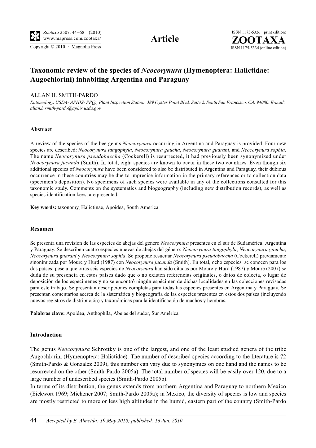 Zootaxa, Taxonomic Review of the Species of Neocorynura