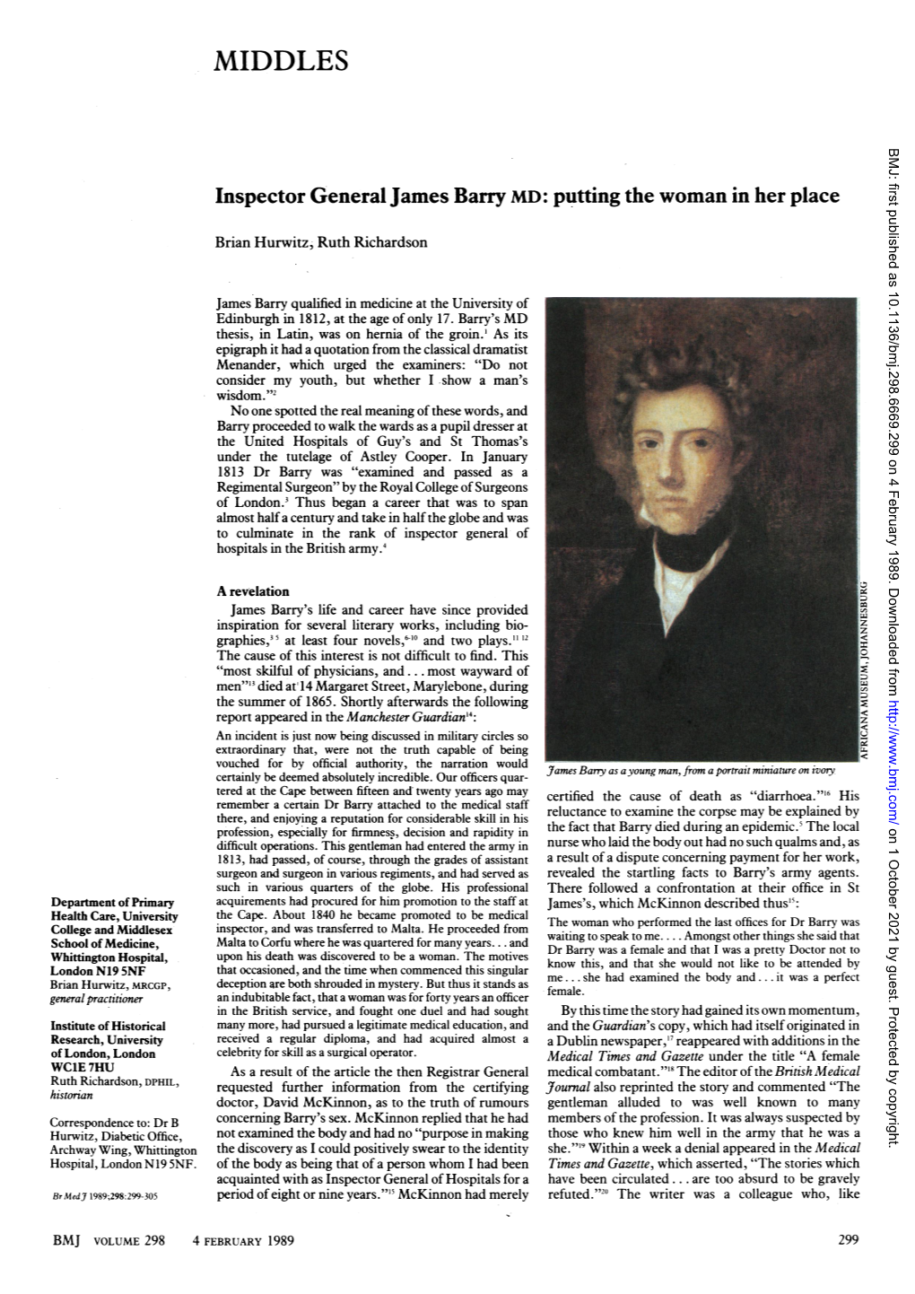 Inspector General James Barry MD: Putting the Woman in Her Place