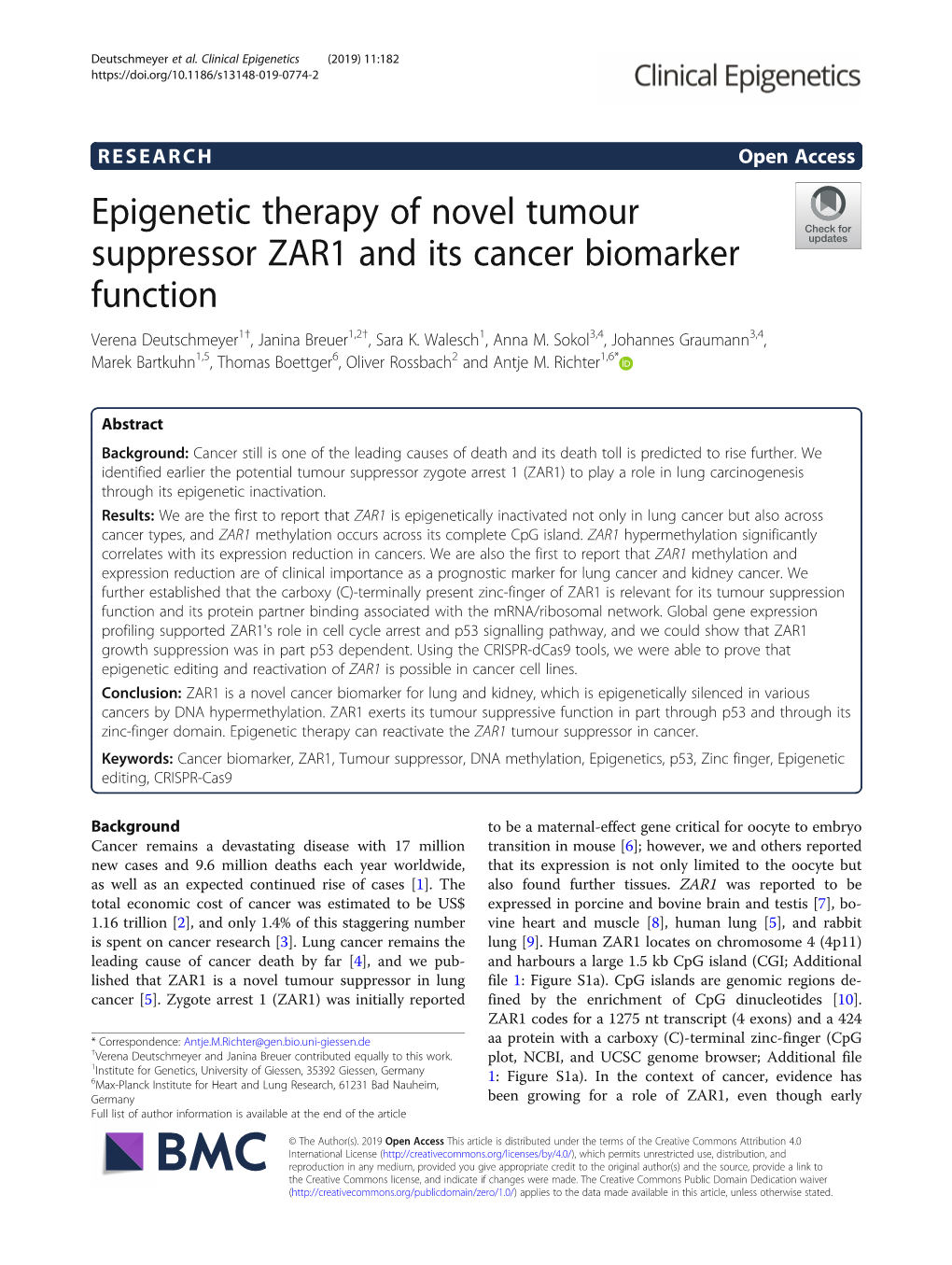 Epigenetic Therapy of Novel Tumour Suppressor ZAR1 and Its Cancer Biomarker Function Verena Deutschmeyer1†, Janina Breuer1,2†, Sara K