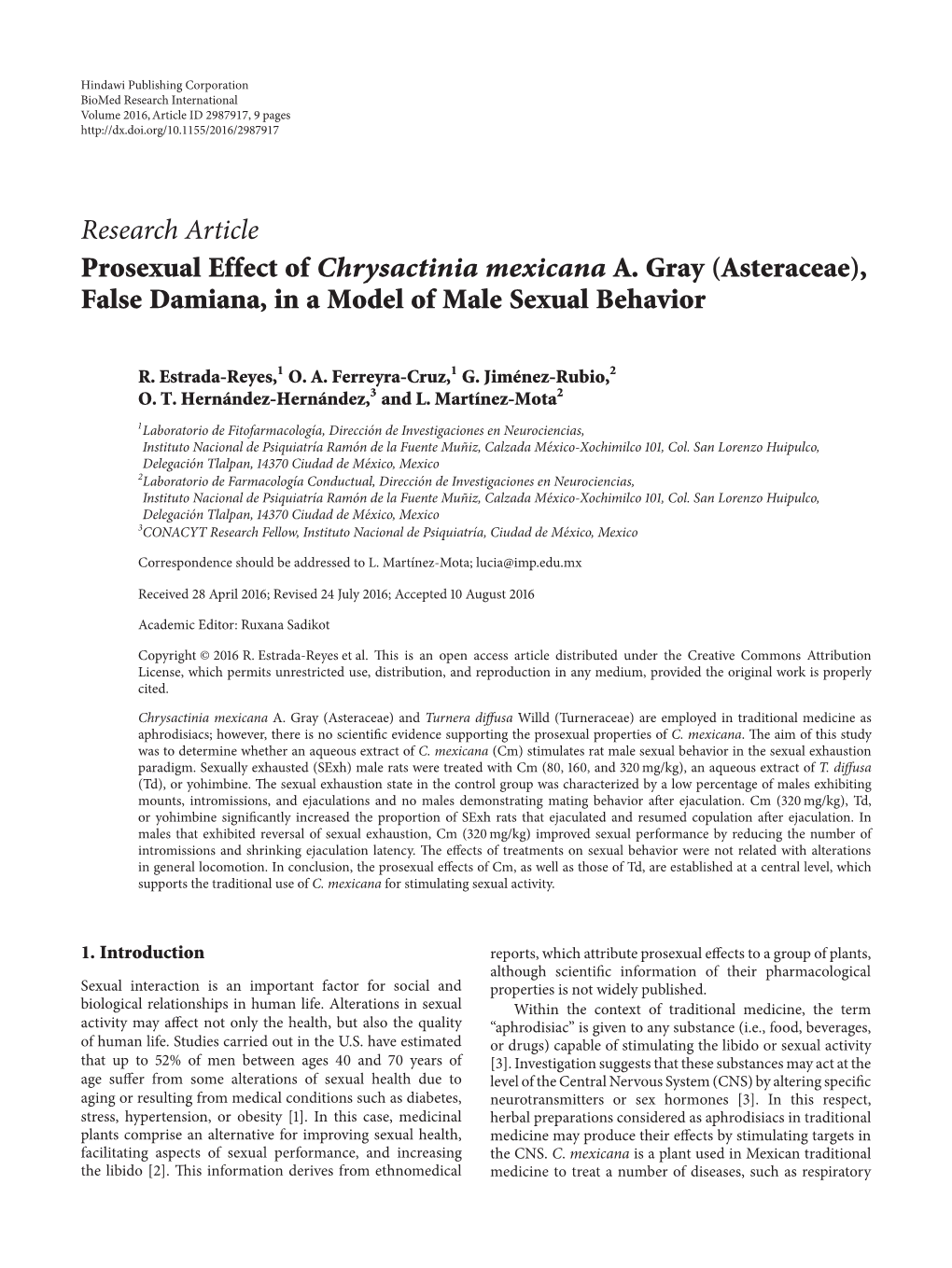 Prosexual Effect of Chrysactinia Mexicana A. Gray (Asteraceae), False Damiana, in a Model of Male Sexual Behavior