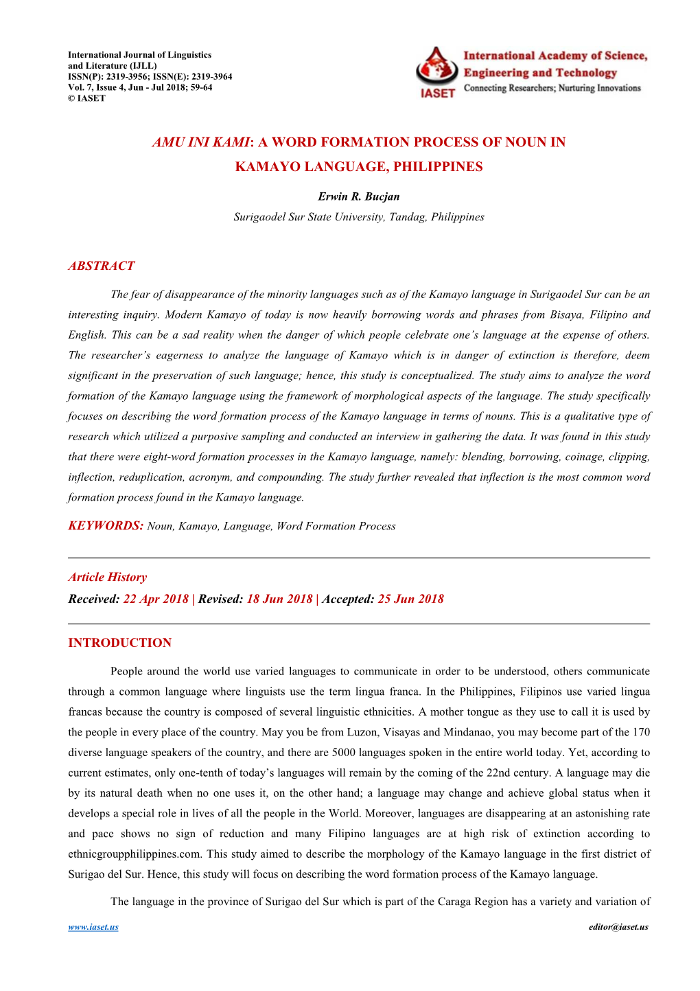 A Word Formation Process of Noun in Kamayo Language, Philippines