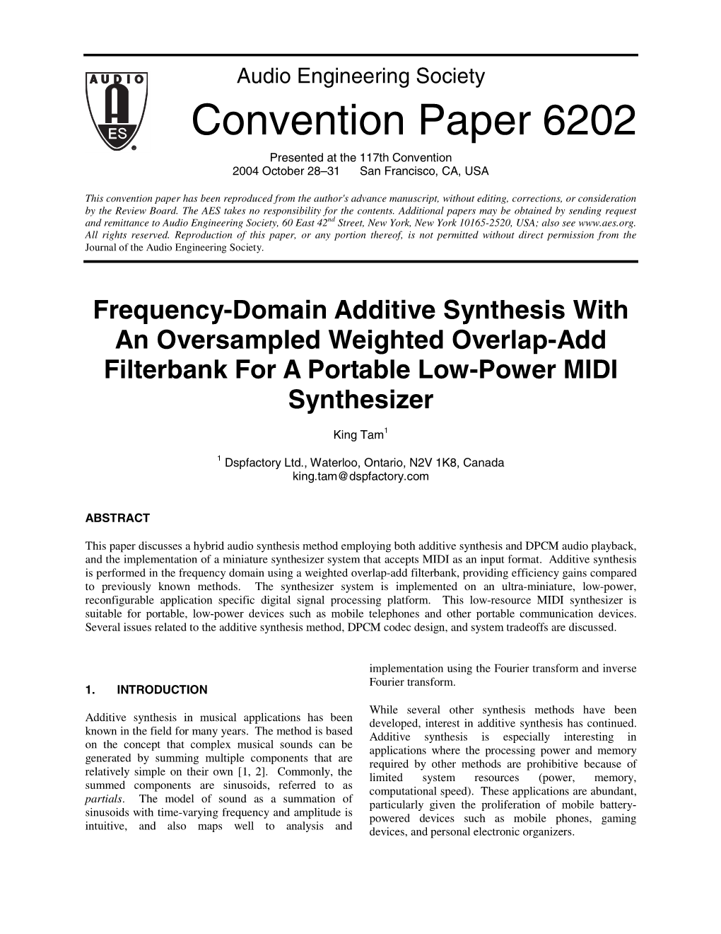 Frequency-Domain Additive Synthesis with an Oversampled Weighted Overlap-Add Filterbank for a Portable Low-Power MIDI Synthesizer