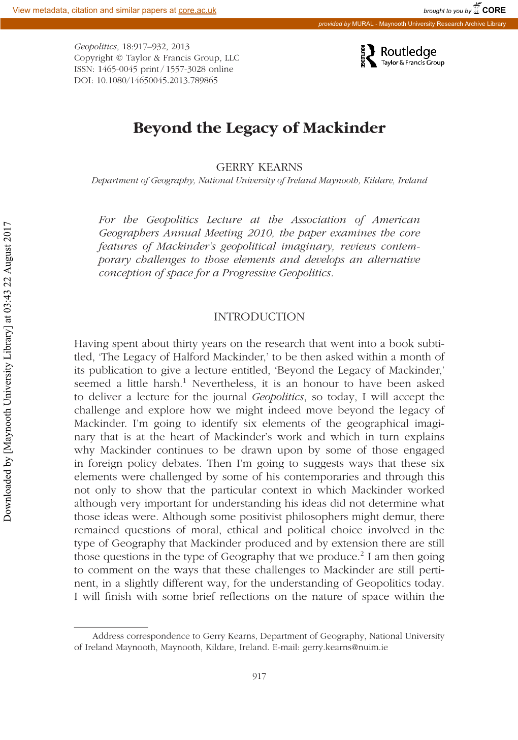 Beyond the Legacy of Mackinder