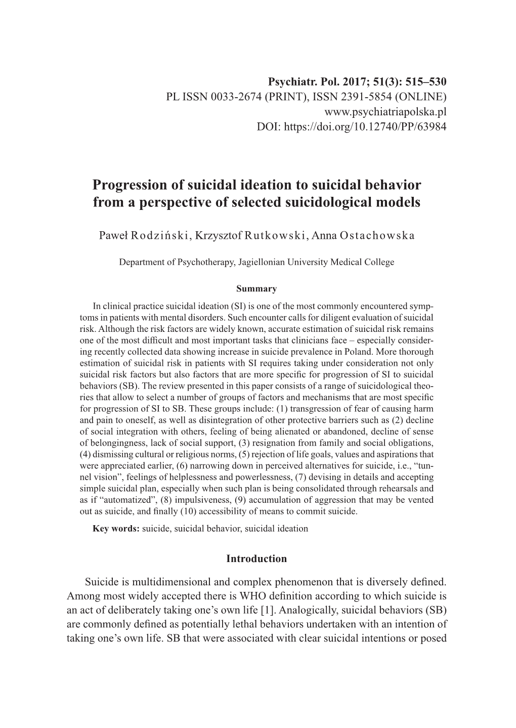 Progression of Suicidal Ideation to Suicidal Behavior from a Perspective of Selected Suicidological Models