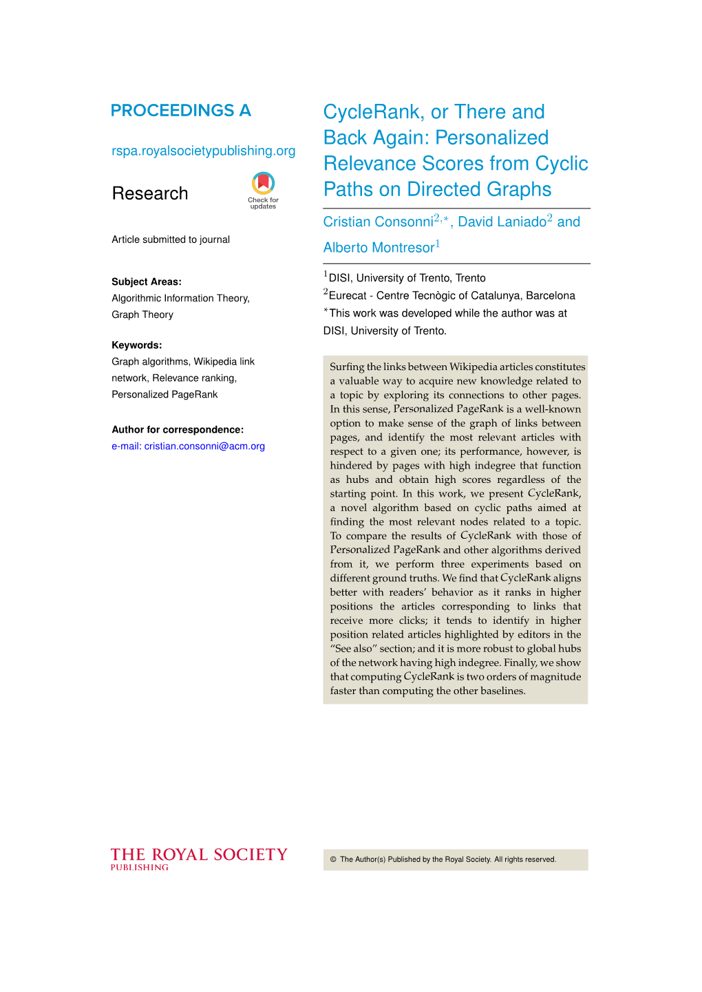 Cyclerank, Or There and Back Again: Personalized Relevance Scores