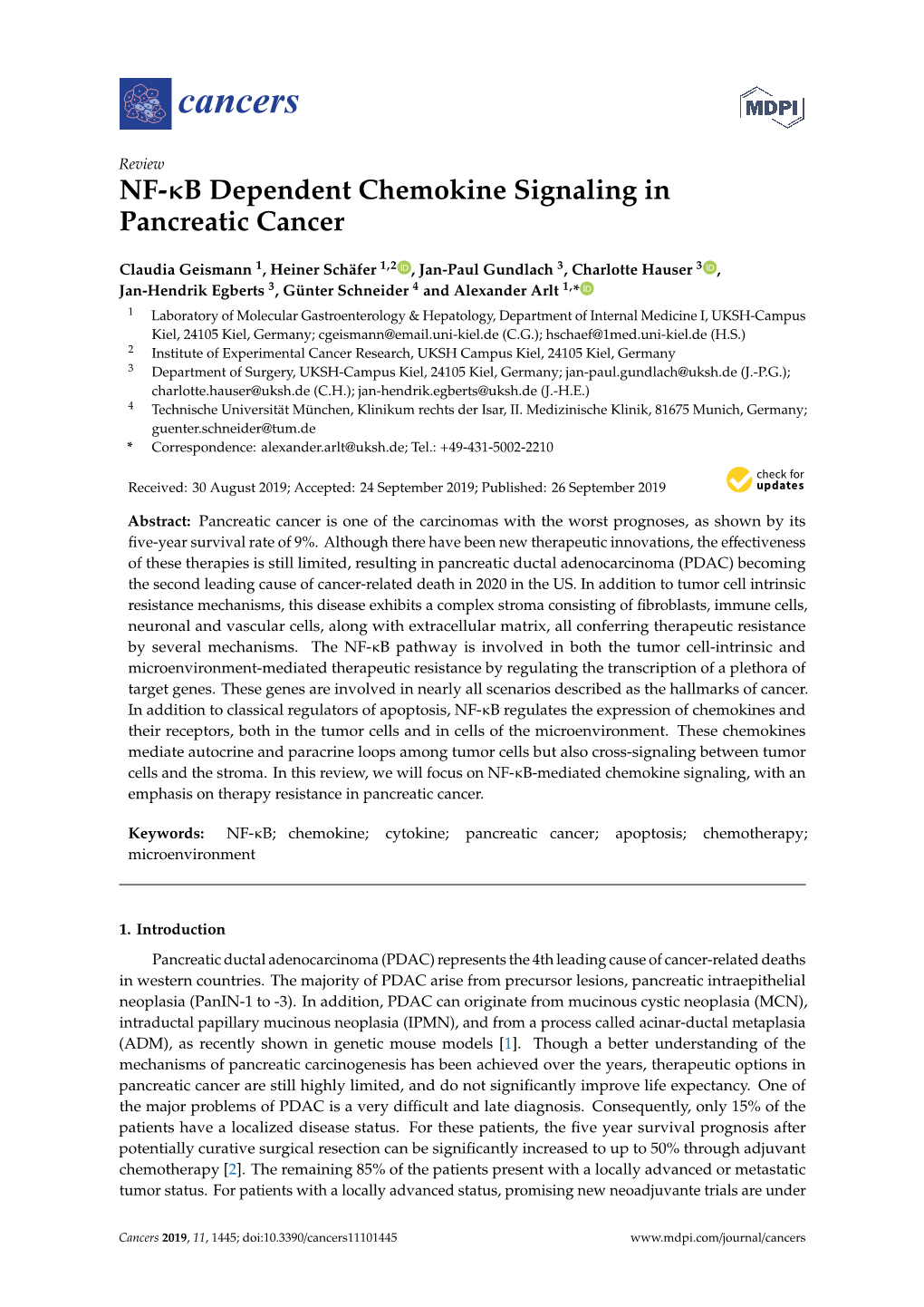 NF-Κb Dependent Chemokine Signaling in Pancreatic Cancer