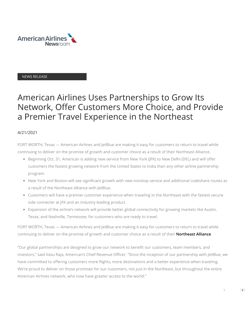 American Airlines Uses Partnerships to Grow Its Network, O Er Customers More Choice, and Provide a Premier Travel Experience In