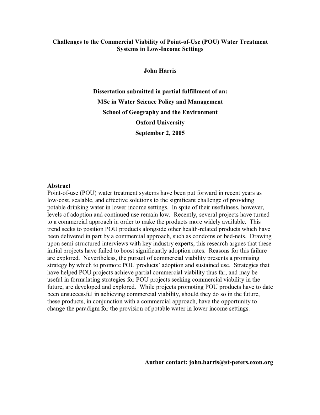 Challenges to the Commercial Viability of Point-Of-Use (POU) Water Treatment Systems in Low-Income Settings John Harris Disserta