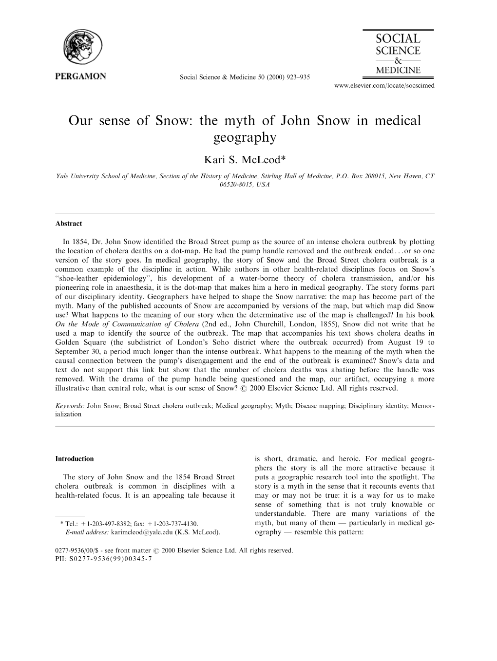 The Myth of John Snow in Medical Geography