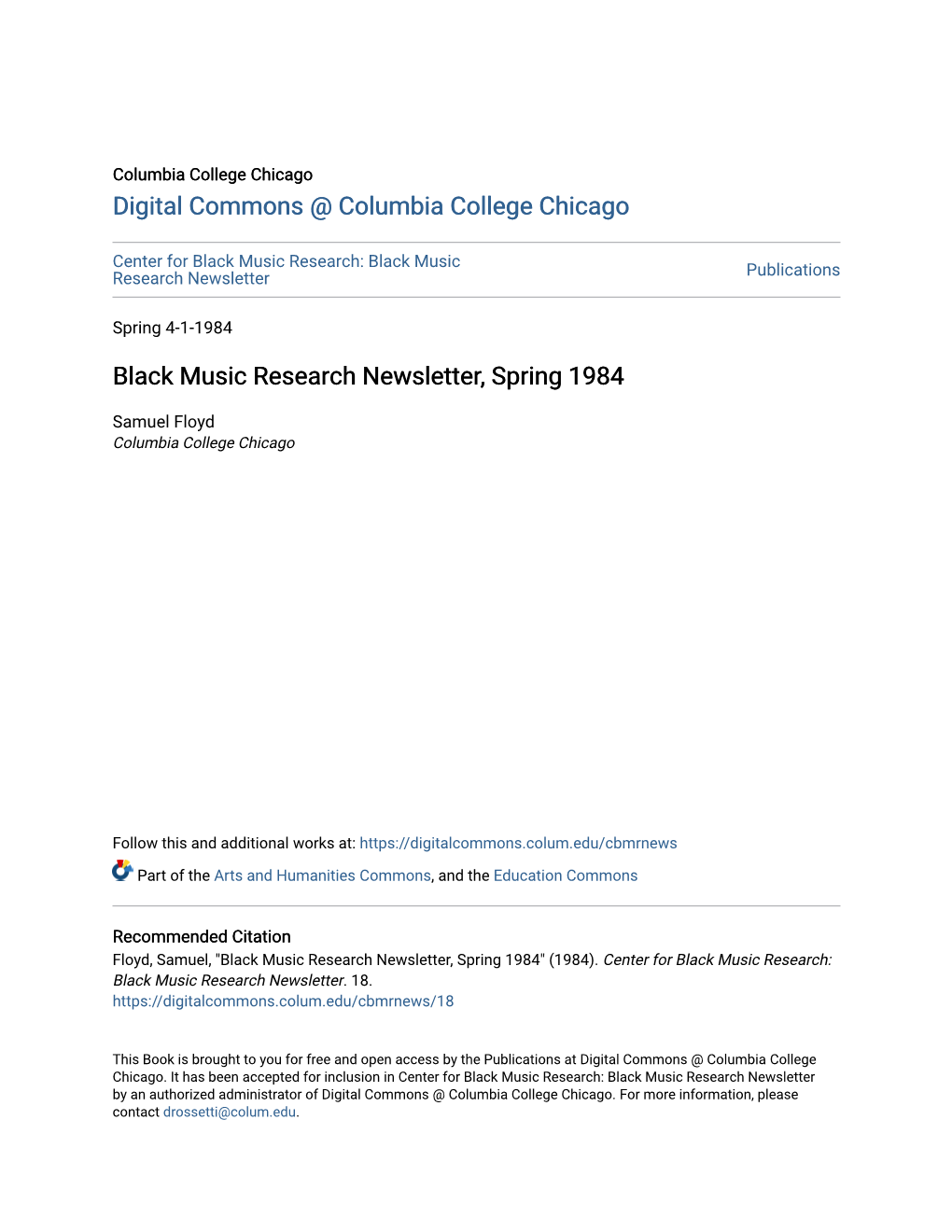 Black Music Research Newsletter, Spring 1984