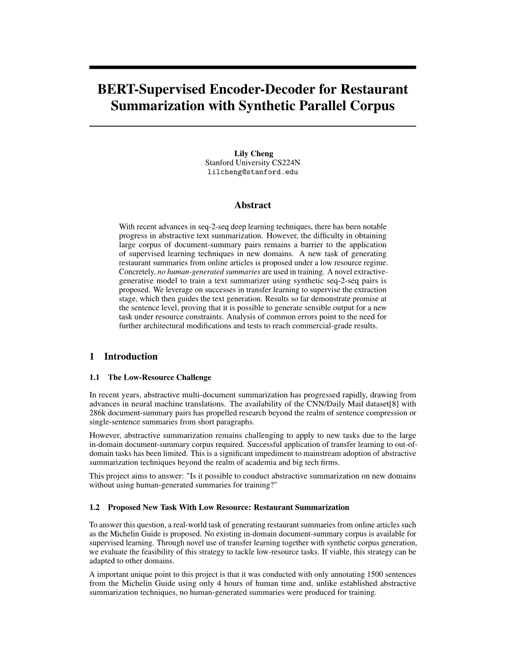 BERT-Supervised Encoder-Decoder for Restaurant Summarization with Synthetic Parallel Corpus