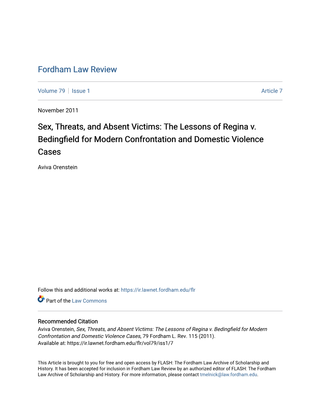 The Lessons of Regina V. Bedingfield for Modern Confrontation and Domestic Violence Cases