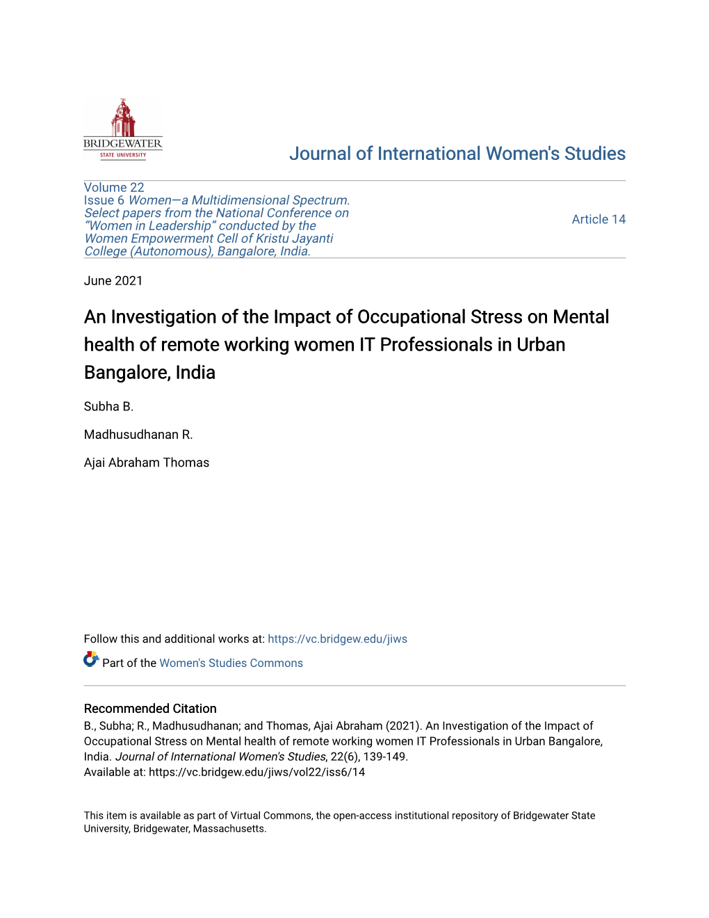 An Investigation of the Impact of Occupational Stress on Mental Health of Remote Working Women IT Professionals in Urban Bangalore, India