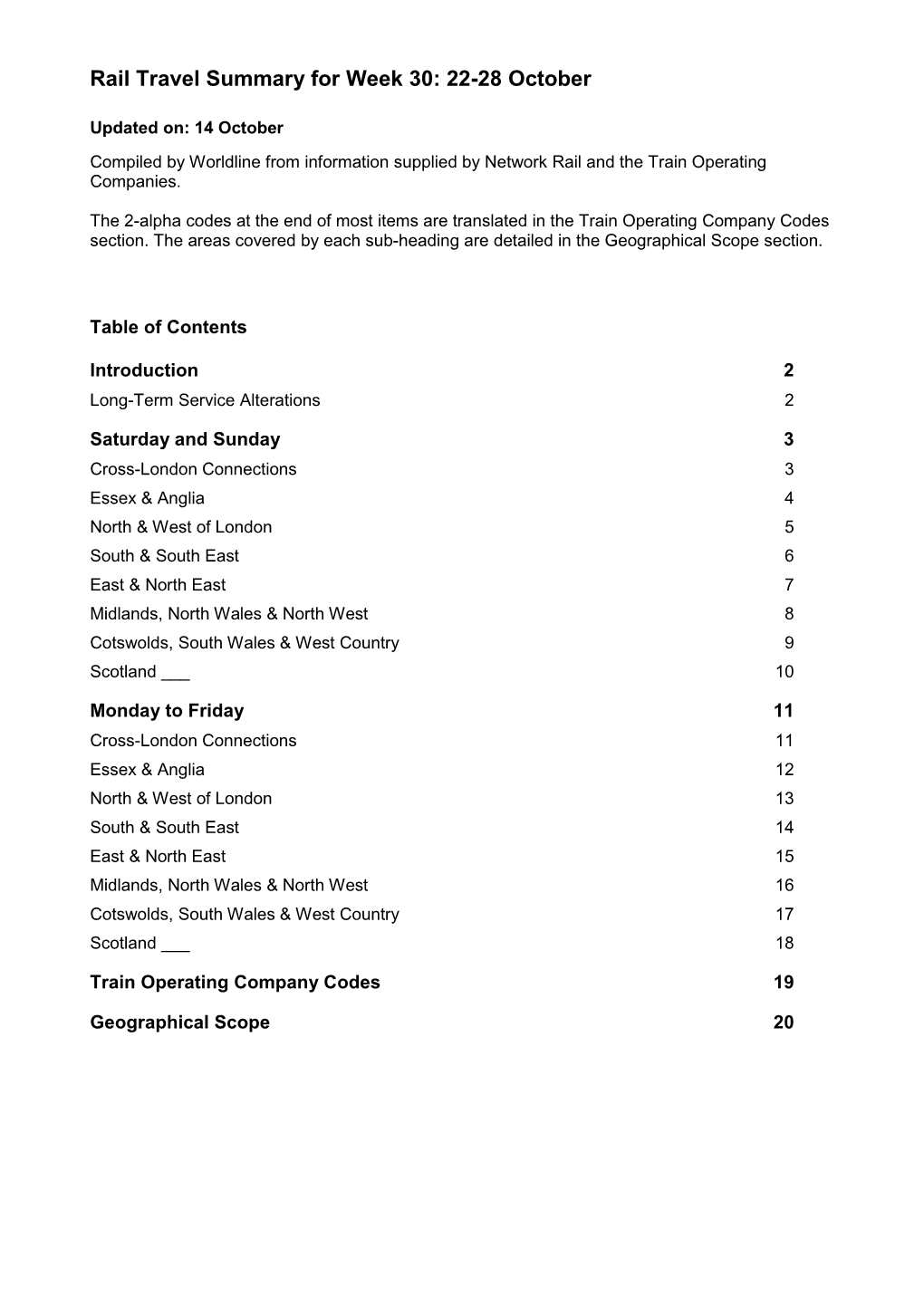 Rail Travel Summary for Week 30: 22-28 October