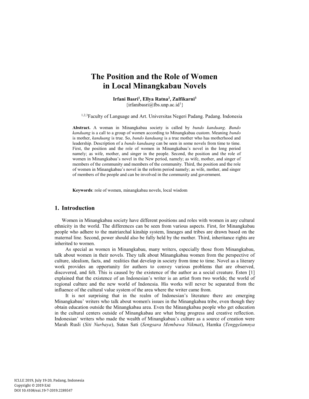 The Position and the Role of Women in Local Minangkabau Novels
