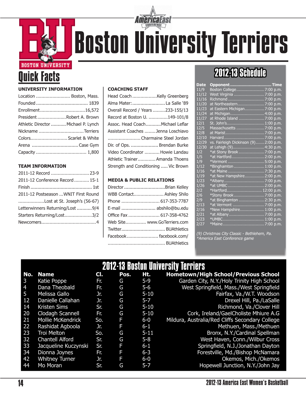 Boston University Terriers Quick Facts 2012-13 Schedule Date Opponent
