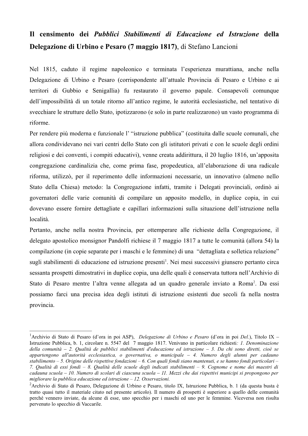 Delegazione Di Urbino E Pesaro, Titolo XII, Istruzione Pubblica, B