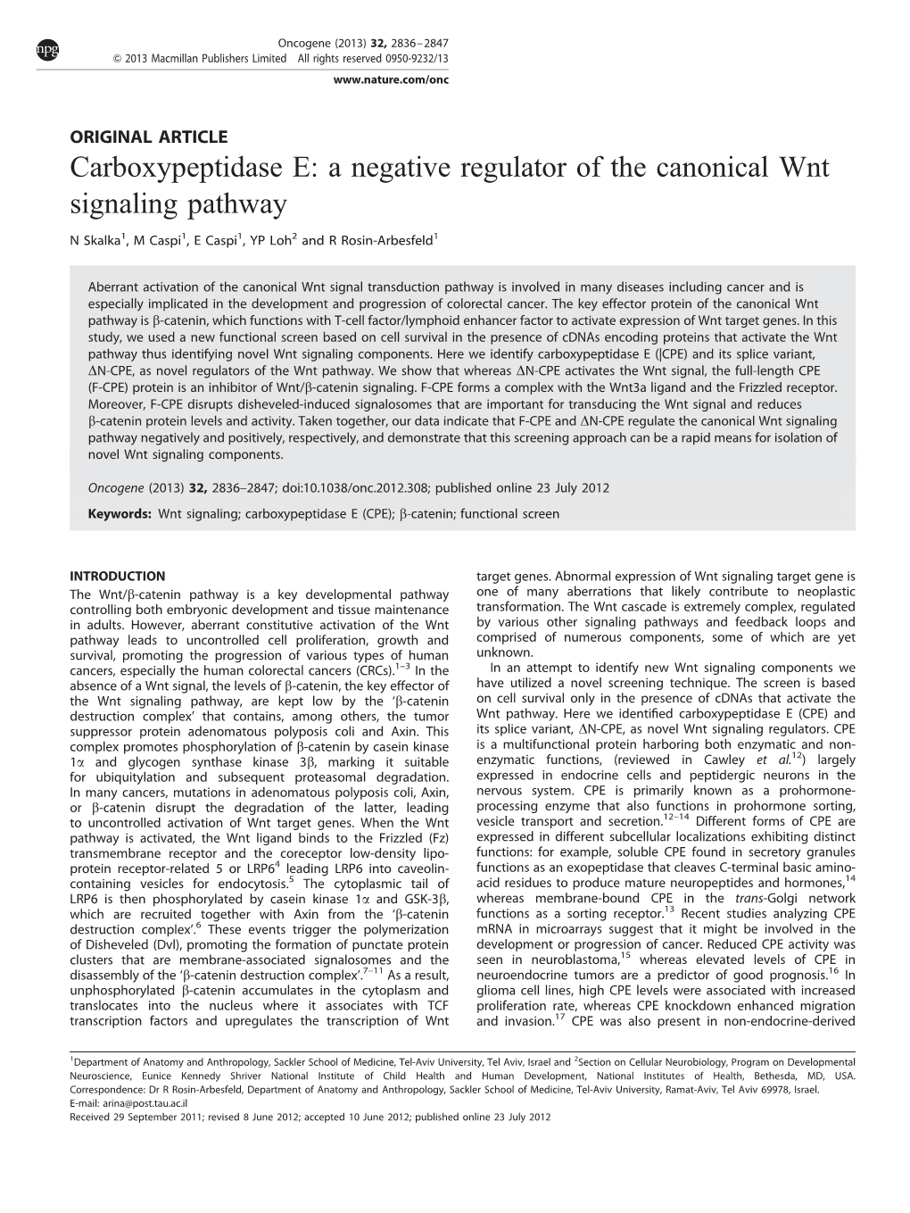 Carboxypeptidase E: a Negative Regulator of the Canonical Wnt Signaling Pathway