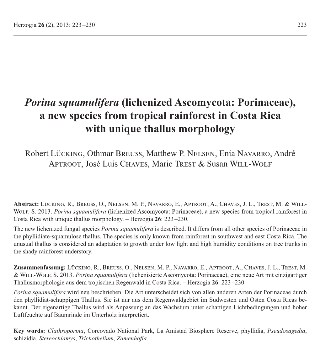 Porina Squamulifera (Lichenized Ascomycota: Porinaceae), a New Species from Tropical Rainforest in Costa Rica with Unique Thallus Morphology