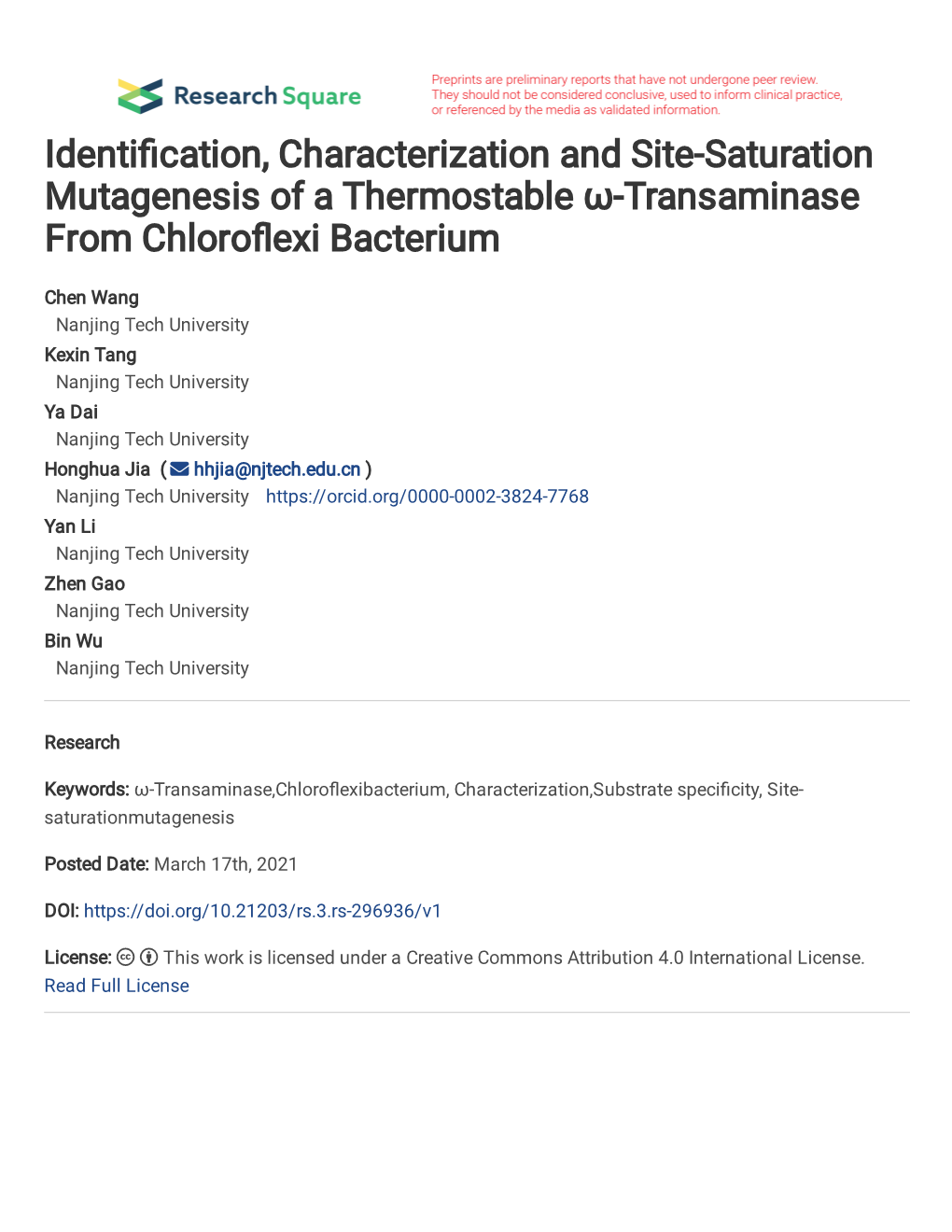 Identification, Characterization and Site-Saturation Mutagenesis of a Thermostable