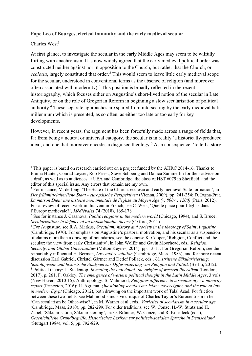 Pope Leo of Bourges, Clerical Immunity and the Early Medieval Secular Charles West1 at First Glance, to Investigate the Secular