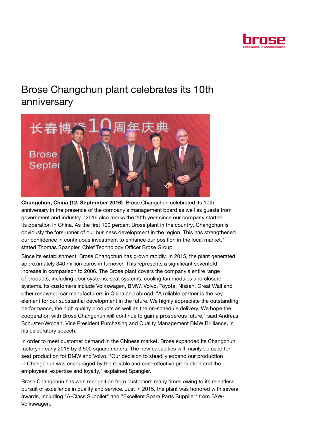 Brose Changchun Plant Celebrates Its 10Th Anniversary