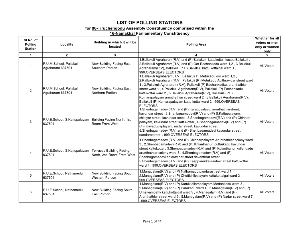 LIST of POLLING STATIONS for 96-Tiruchengodu Assembly Constituency Comprised Within the 16-Namakkal Parliamentary Constituency Whether for All Sl No