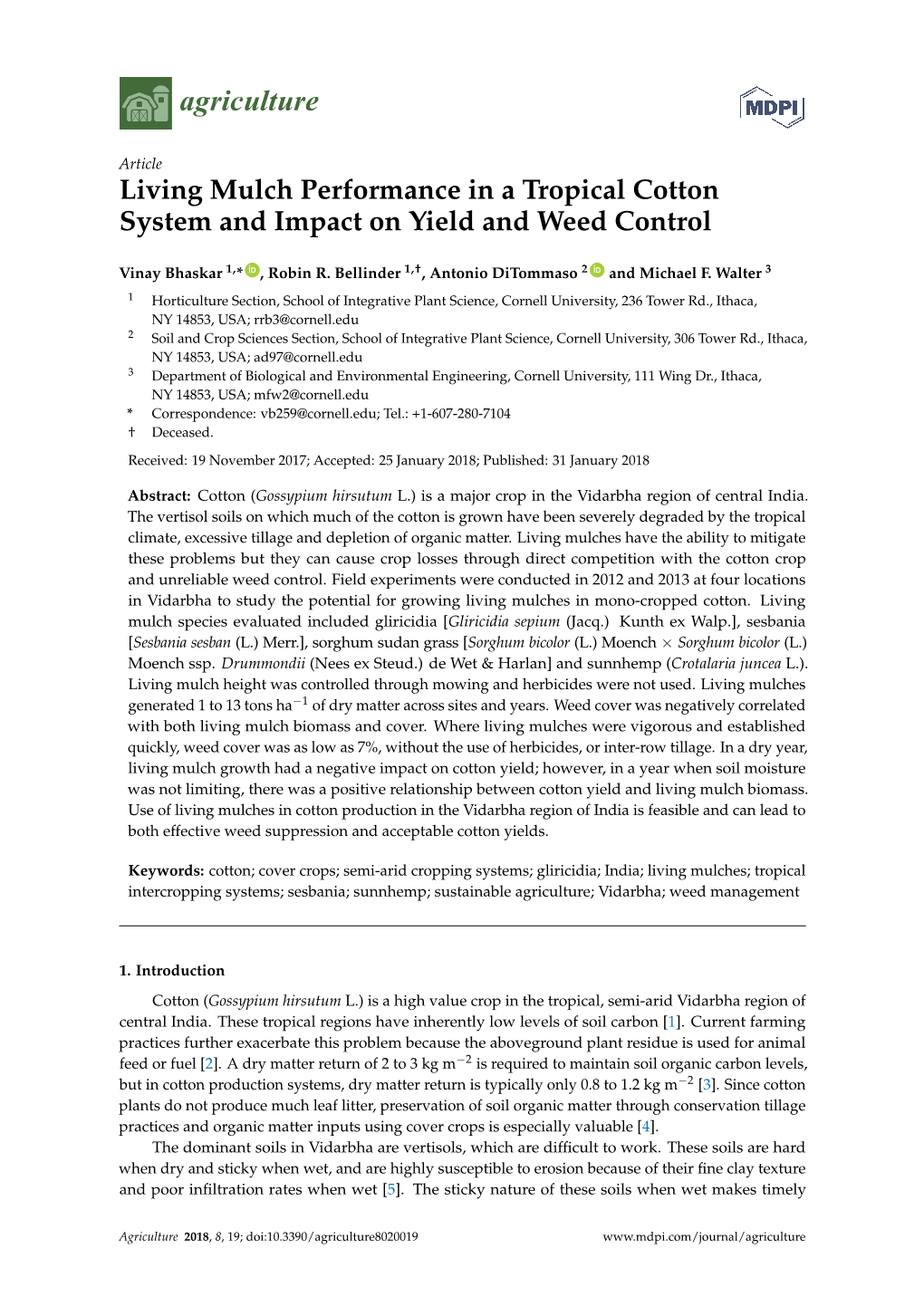 Living Mulch Performance in a Tropical Cotton System and Impact on Yield and Weed Control