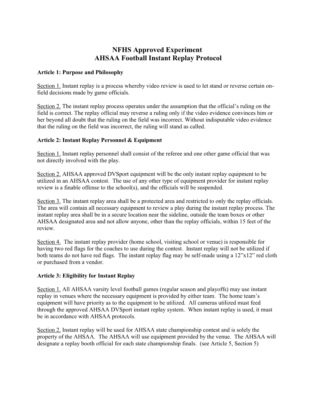 NFHS Approved Experiment AHSAA Football Instant Replay Protocol