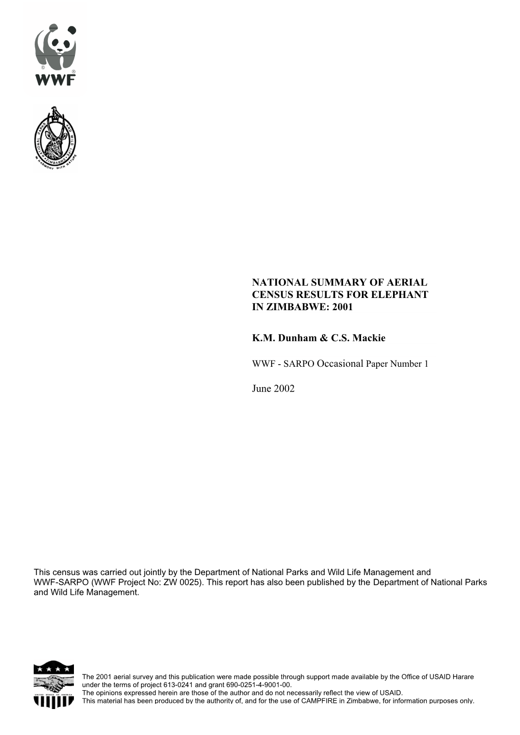 National Summary of Aerial Census Results for Elephant in Zimbabwe: 2001