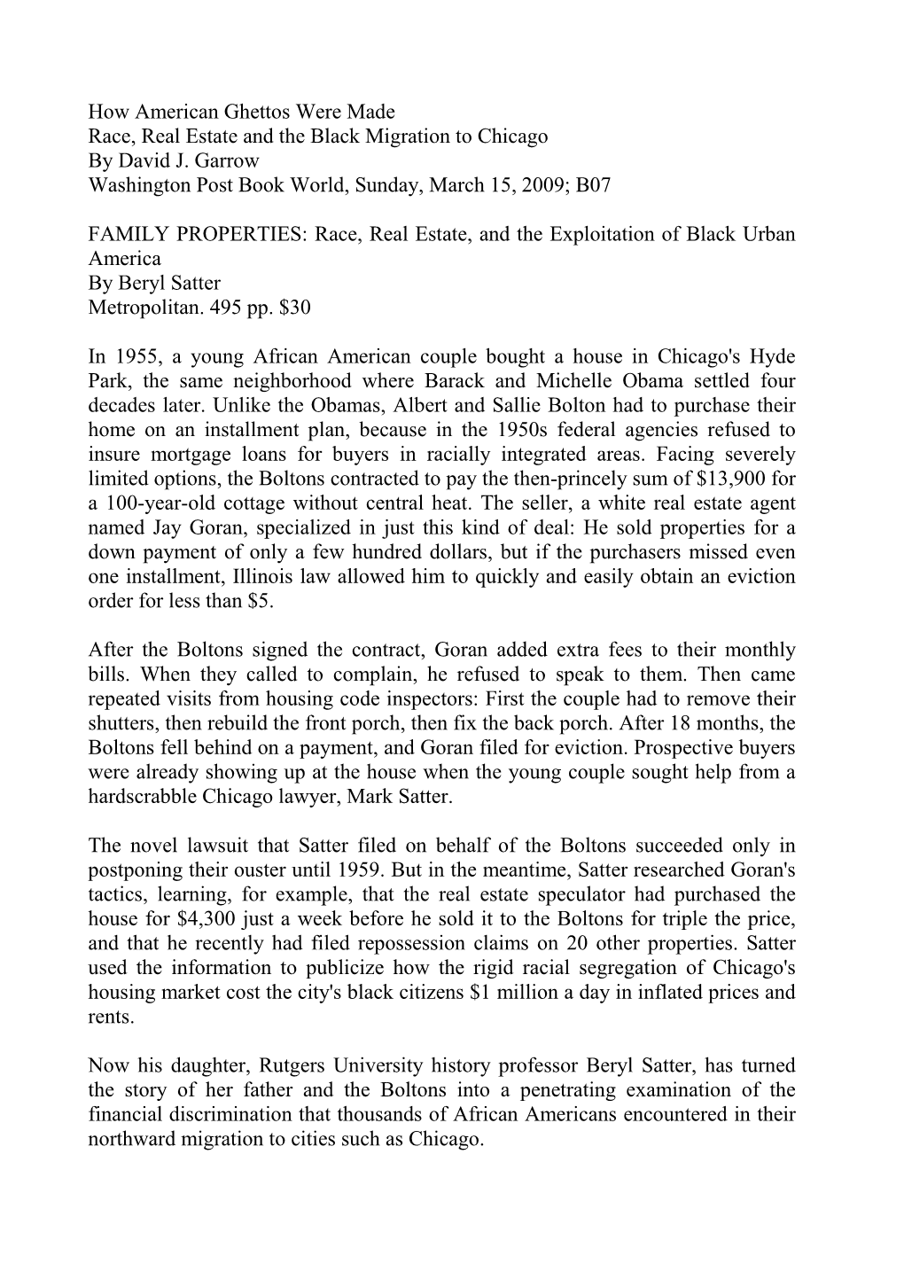 How American Ghettos Were Made Race, Real Estate and the Black Migration to Chicago by David J