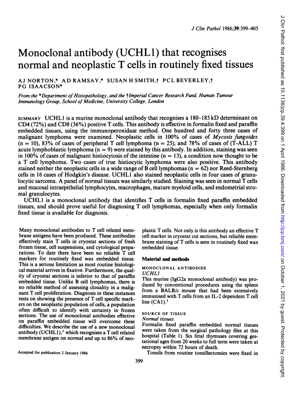 Monoclonal Antibody (UCHL1) That Recognises Normal and Neoplastic T Cells in Routinely Fixed Tissues