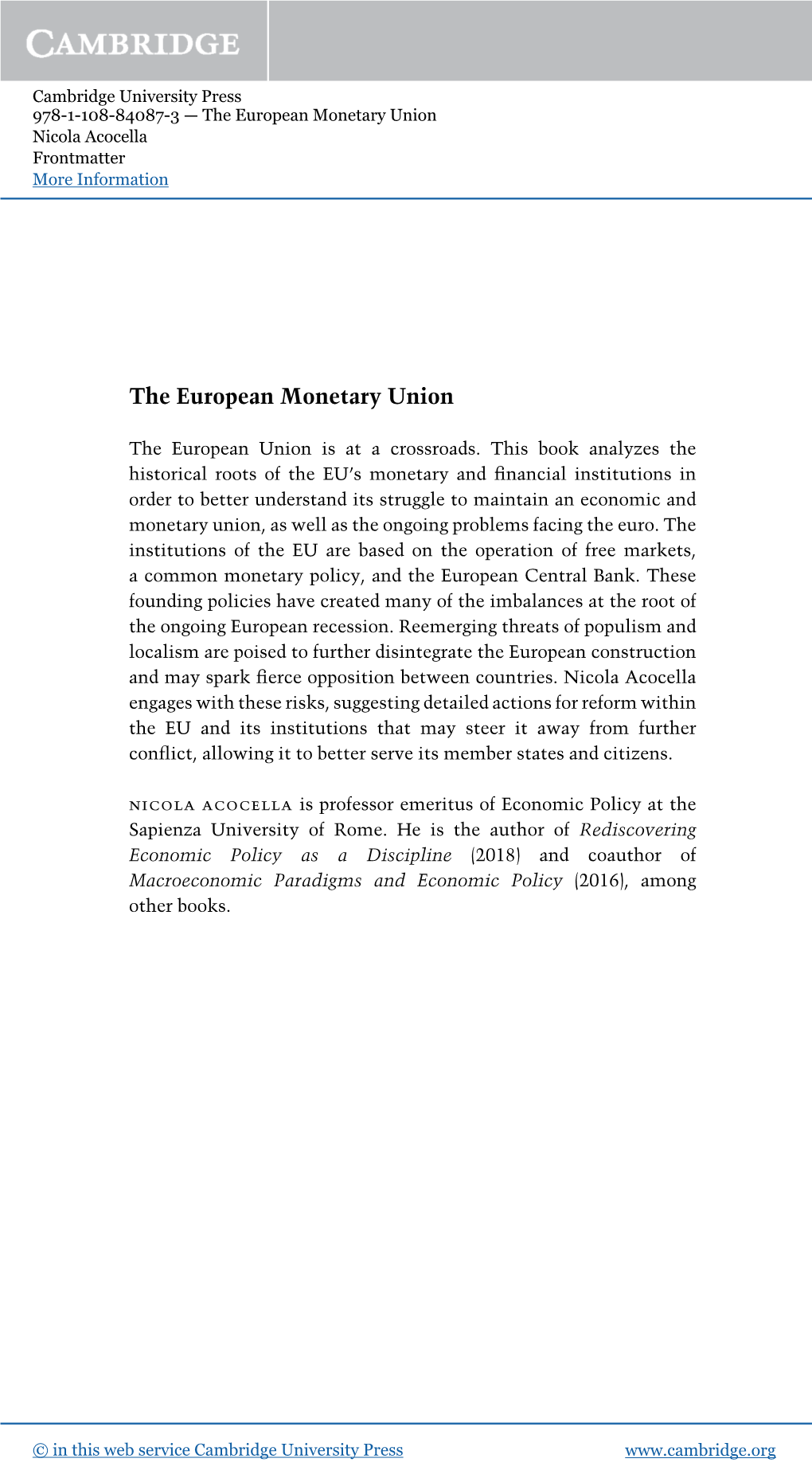 The European Monetary Union Nicola Acocella Frontmatter More Information