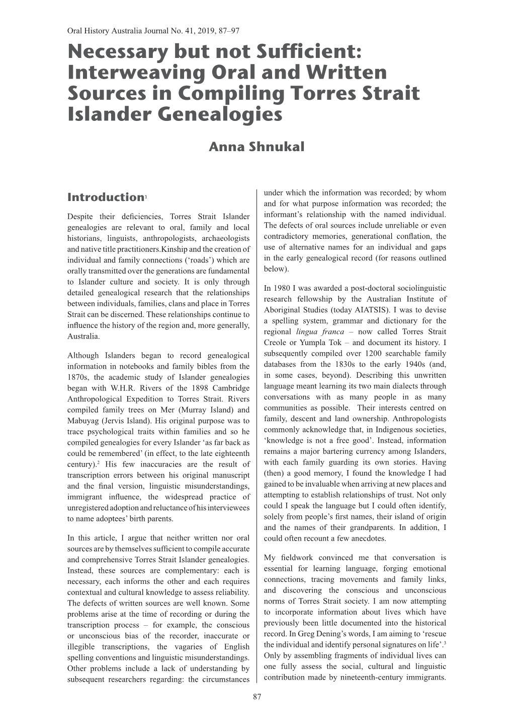 Interweaving Oral and Written Sources in Compiling Torres Strait Islander Genealogies