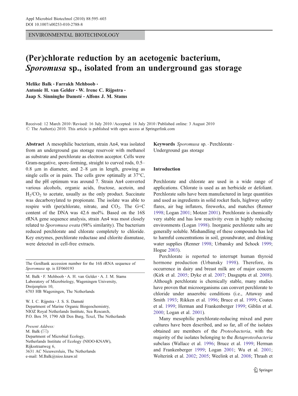 Chlorate Reduction by an Acetogenic Bacterium, Sporomusa Sp., Isolated from an Underground Gas Storage