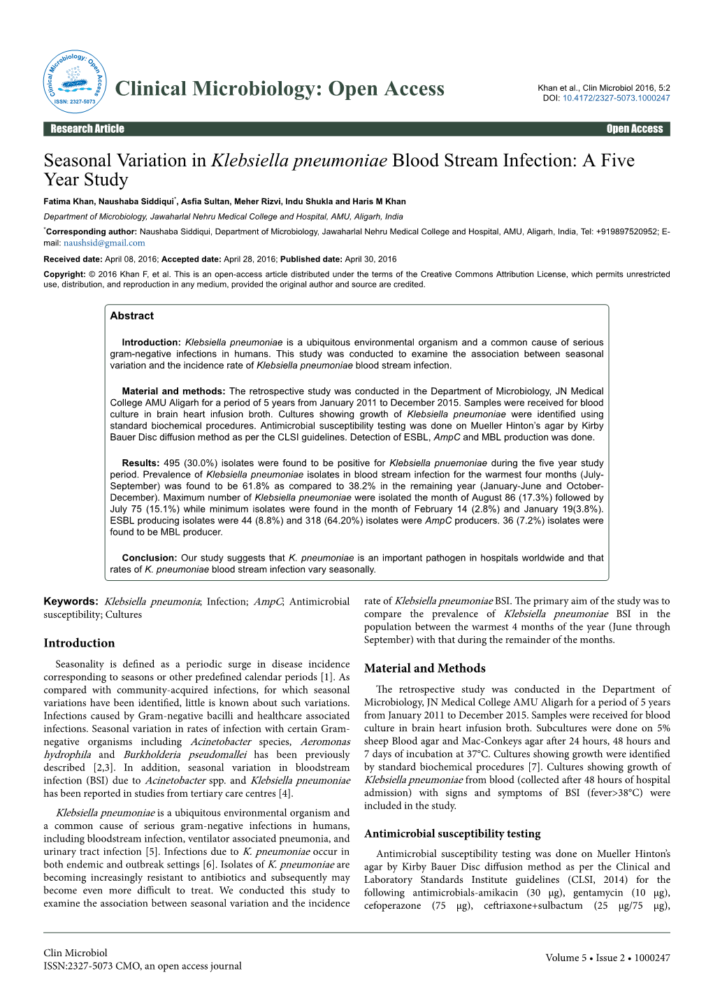 Seasonal Variation in Klebsiella Pneumoniae Blood Stream Infection