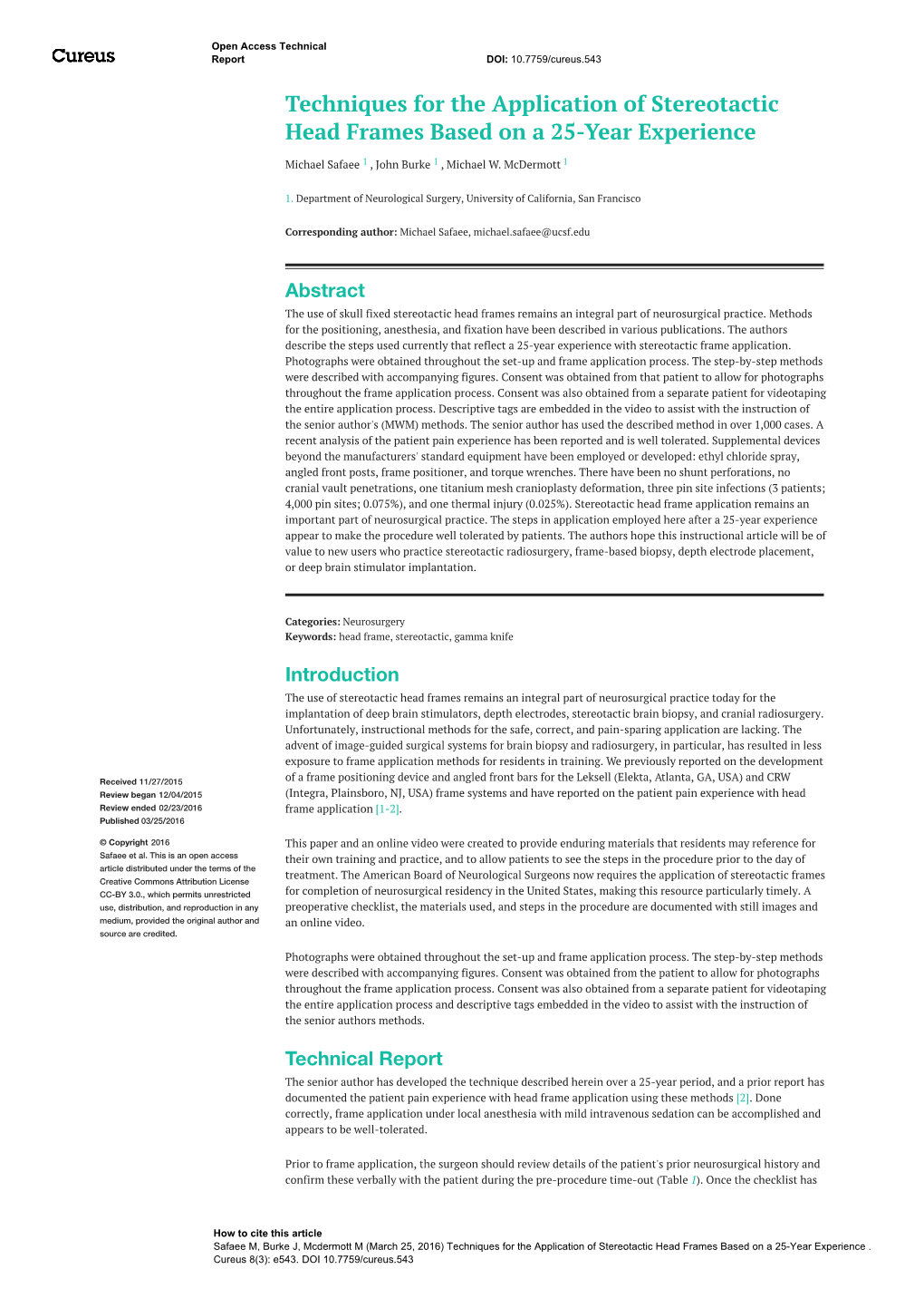 Techniques for the Application of Stereotactic Head Frames Based on a 25-Year Experience