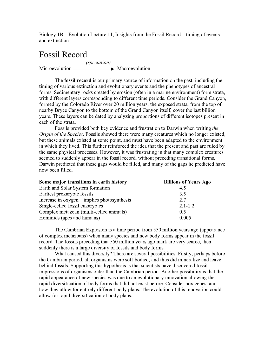 Fossil Record – Timing of Events and Extinction