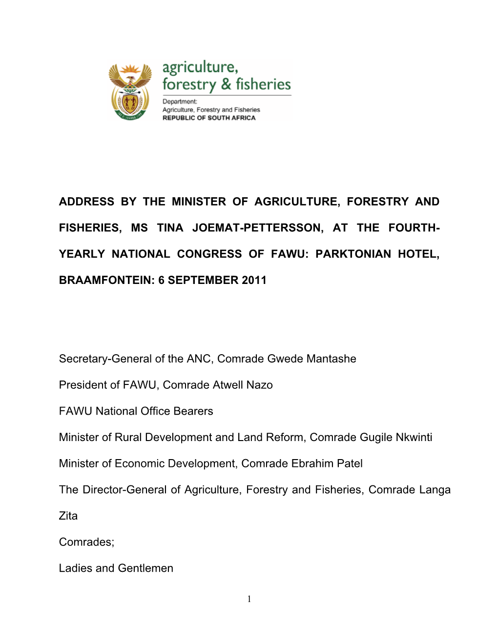 Address by the Minister of Agriculture, Forestry and Fisheries, Ms Tina