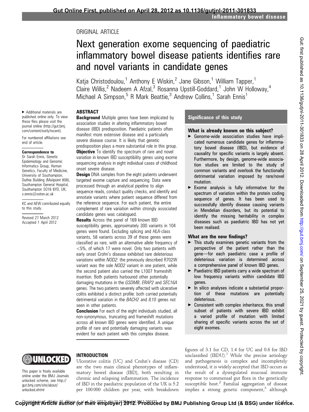 Next Generation Exome Sequencing of Paediatric Inflammatory Bowel Disease Patients Identifies Rare and Novel Variants in Candida