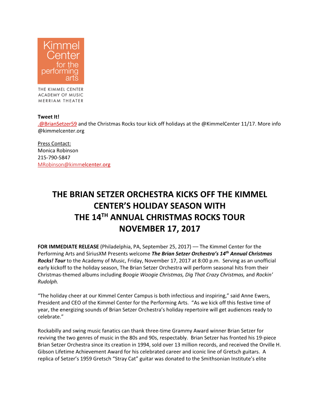 The Brian Setzer Orchestra Kicks Off the Kimmel Center’S Holiday Season with the 14Th Annual Christmas Rocks Tour November 17, 2017