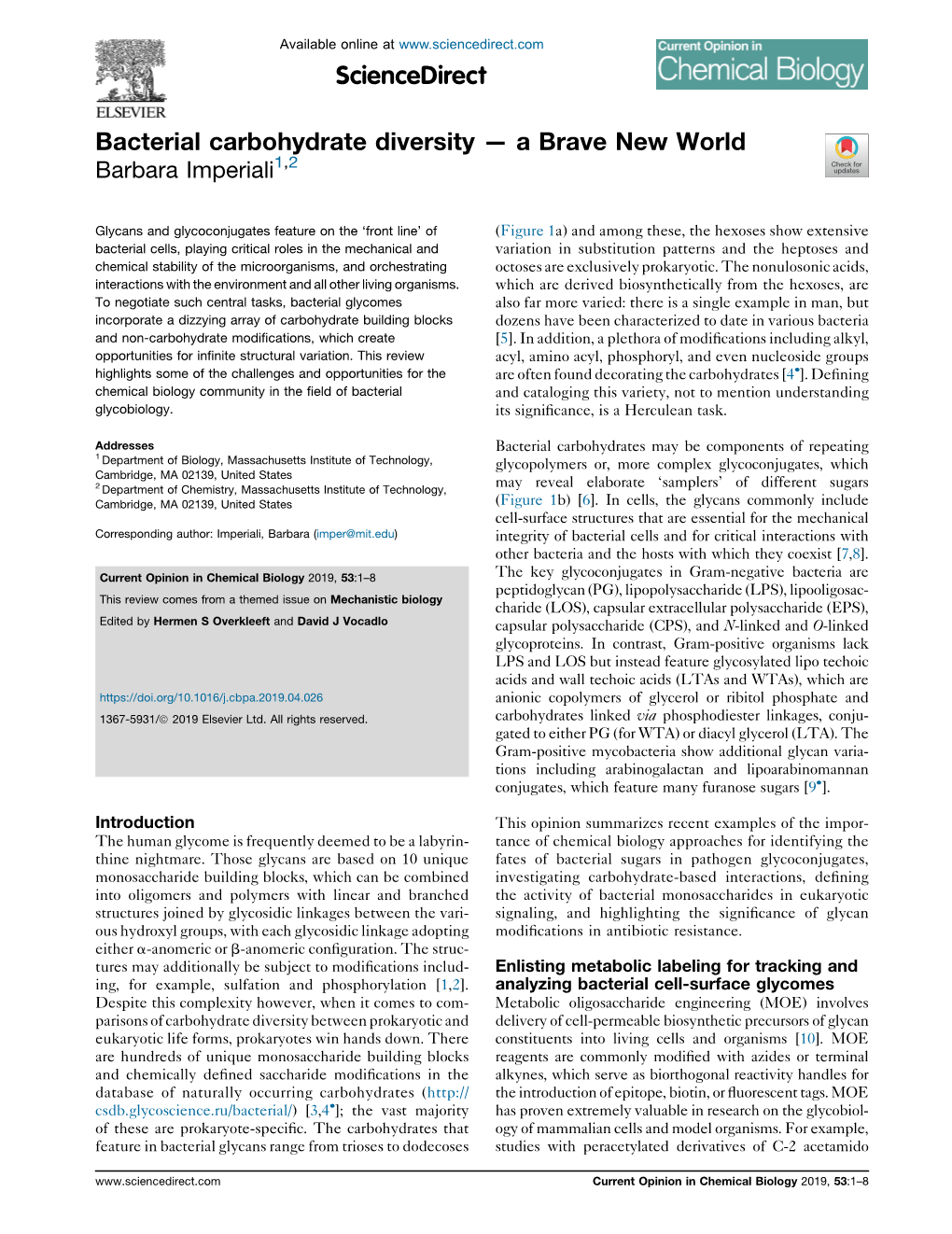 Bacterial Carbohydrate Diversity — a Brave New World 1,2