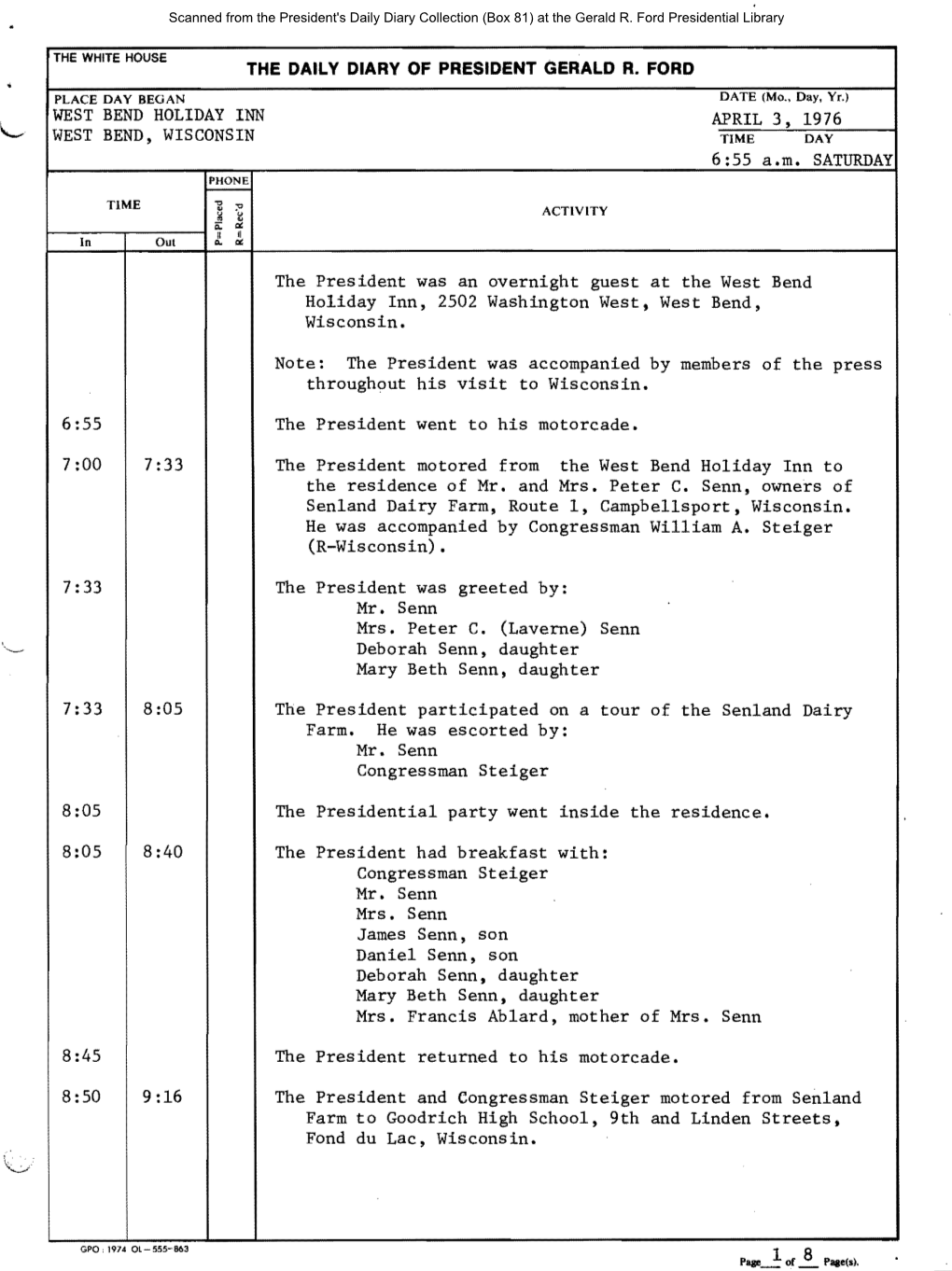 President's Daily Diary Collection (Box 81) at the Gerald R